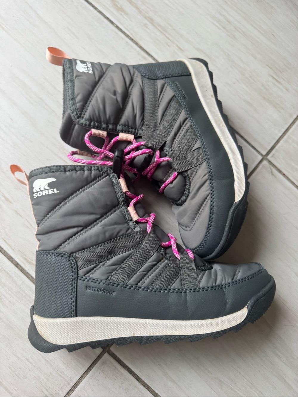 Sorel Kids' Waterproof Winter Boots - Gray with Pink Laces